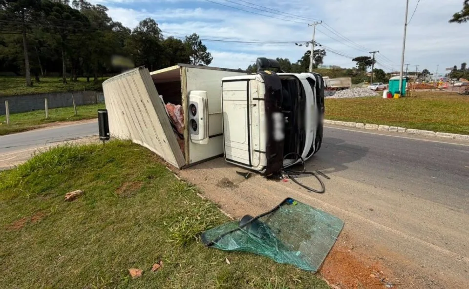 Caminhão carregado com sete toneladas de porcos tomba em rotatória no Butiatuvinha e deixa dois feridos