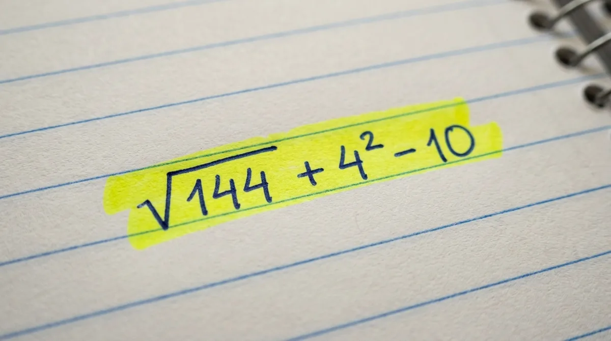 Sem abrir a calculadora do celular, resolva a expressão √144 + 4² − 10 e teste sua memória das aulas de matemática