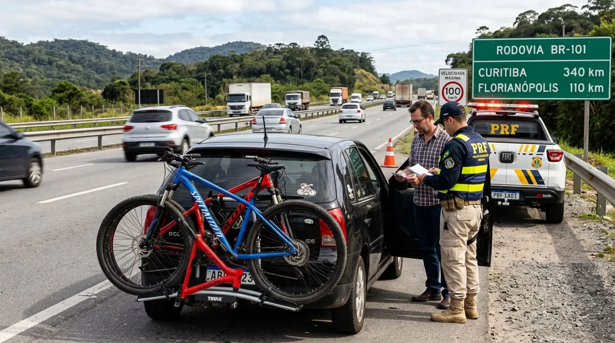 Motorista precisava levar duas bicicletas para uma viagem, ao colocar o suporte traseiro, percebe que a placa do carro ficou parcialmente escondida, decide seguir viagem mesmo assim, e fiscalização explica o que precisa continuar visível