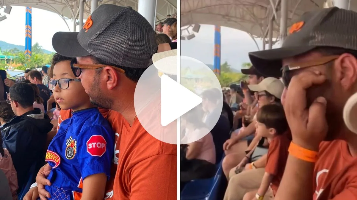 Mãe vai gravar filho em show do Hot Wheels no Beto Carrero World e flagra marido emocionado