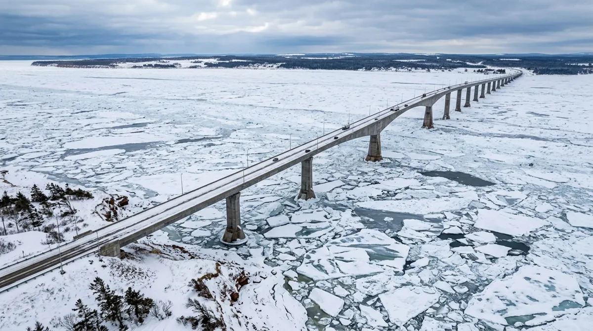No Canadá, uma ponte de 12,9 quilômetros atravessa águas que congelam durante parte do ano e foi projetada para resistir durante décadas ao impacto constante de enormes massas de gelo empurradas pelas correntes