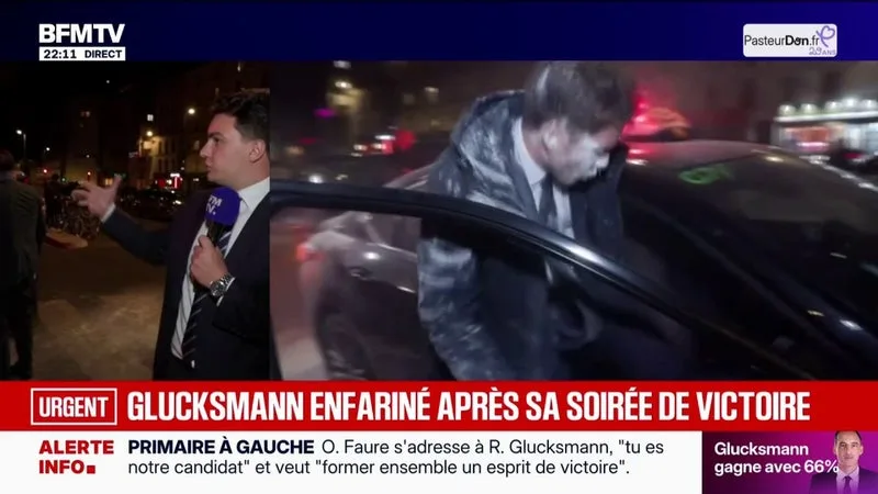 "Glucksmann tu feras 2% et pas un de plus": les détails du jet de farine contre Raphaël Glucksmann, gagnant à la primaire sociale-démocrate