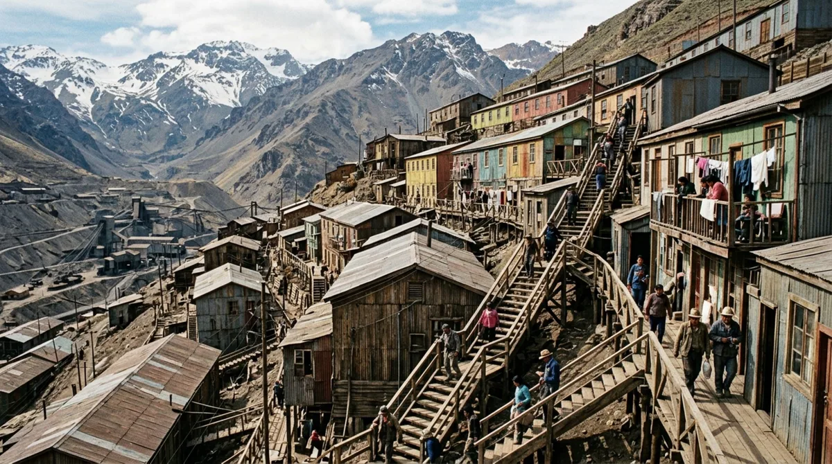 Uma cidade de mineração subiu uma montanha sem ruas para carros e chegou a reunir milhares de moradores acima de uma das maiores minas de cobre do mundo