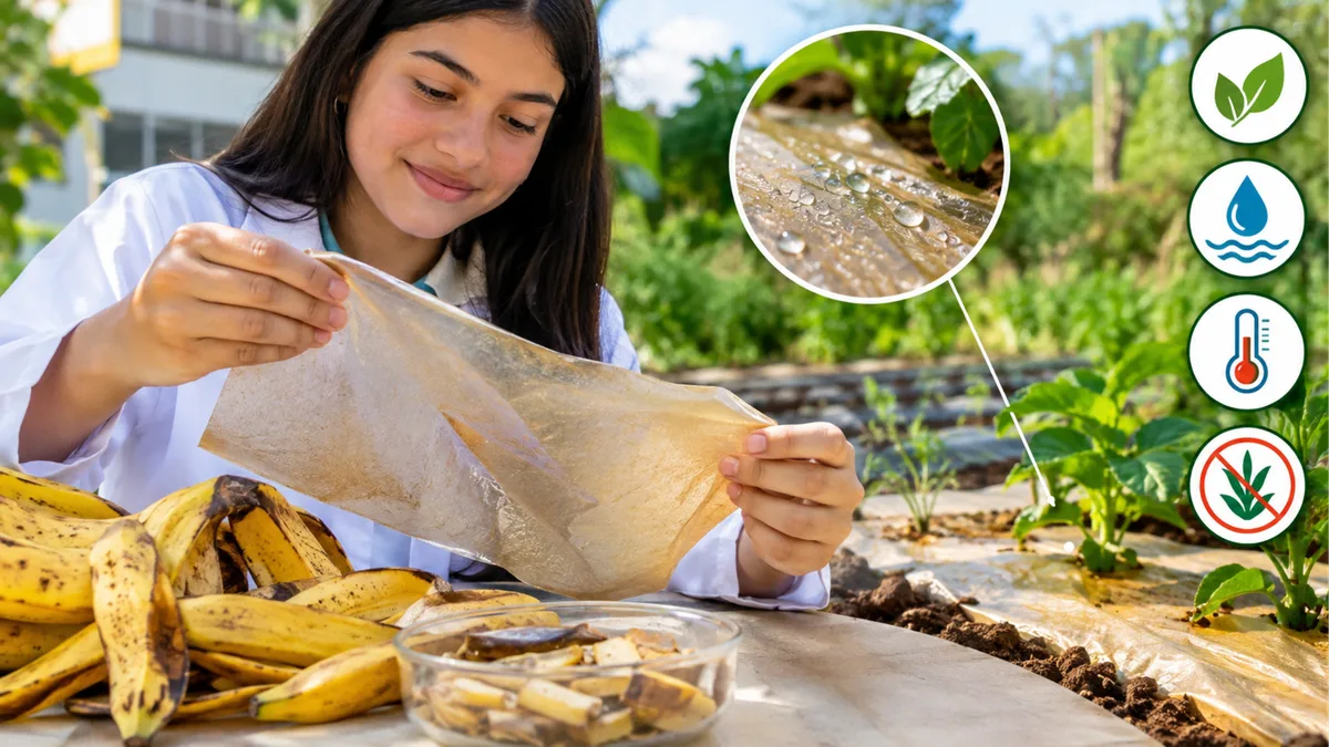 Estudante transforma cascas de banana da cantina da escola em uma colcha que ajuda na agricultura e reduz as ervas daninhas em até 53%