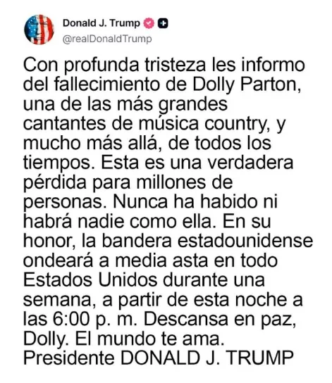 Trump decretó luto en Estados Unidos por muerte de Dolly Parton