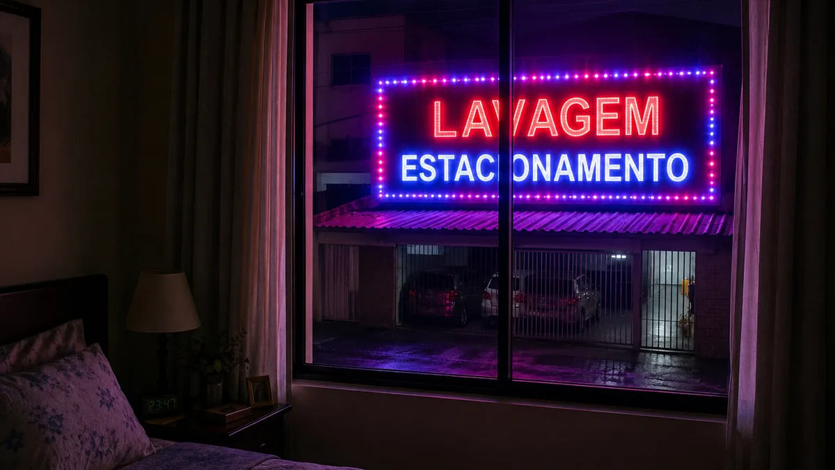 Morador instala letreiro luminoso para divulgar negócio em casa e claridade passa a atingir quarto vizinho durante toda a madrugada