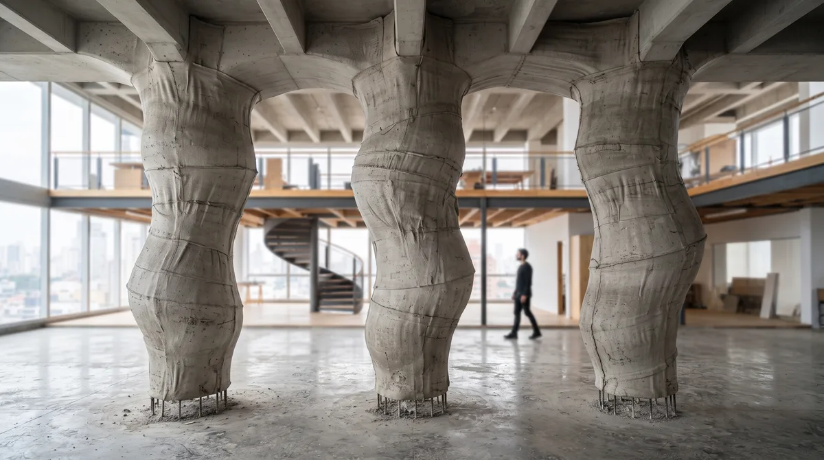 Arquitetos trocam os velhos e pesados moldes de madeira por lonas de tecido esticadas e criam colunas de concreto com curvas perfeitas economizando 30% de material