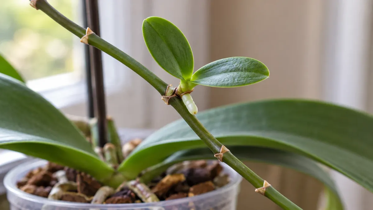Orquídea Phalaenopsis formando folhas na haste floral? Pode ser um keiki, uma nova planta crescendo acima do vaso; descubra como reconhecer essa muda e qual sinal indica que ainda é cedo para separá-la