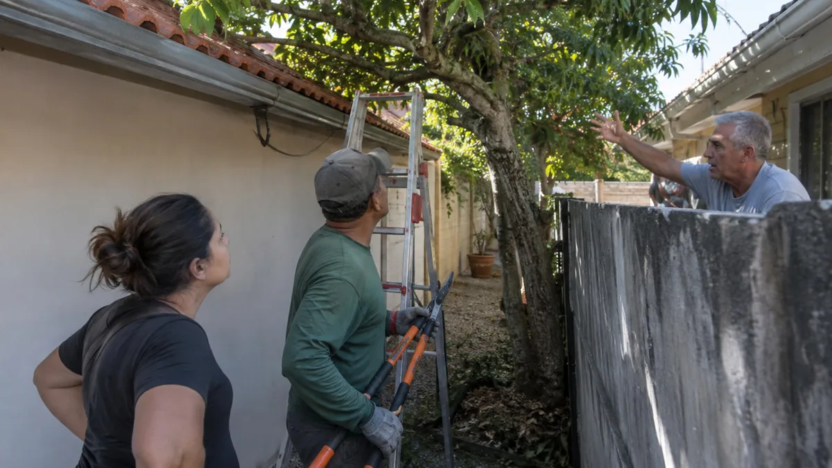 Moradora contrata jardineiro para podar árvore que encostava no telhado e vizinho aparece durante o serviço afirmando que parte do tronco está no terreno dele