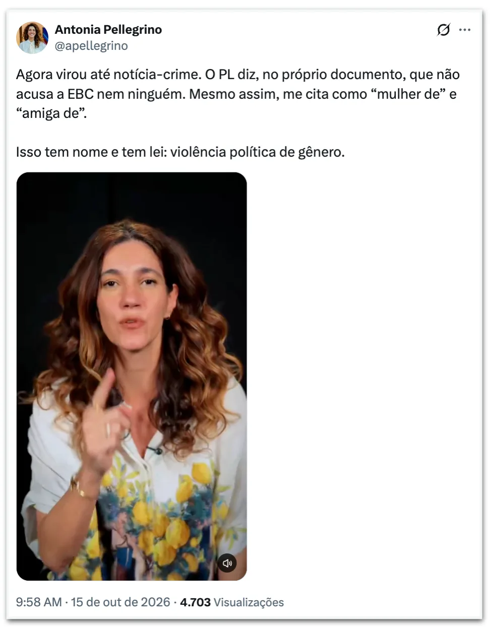 Pellegrino critica forma como PL a citou em ação: “É violência de gênero”