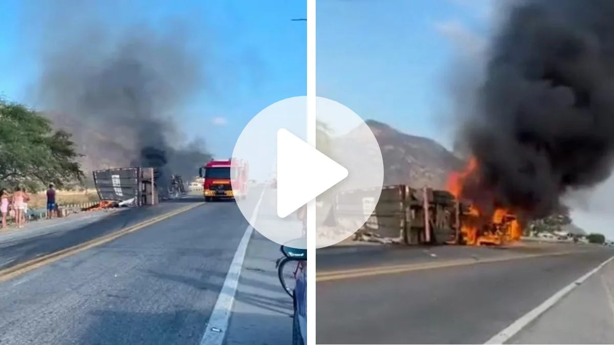 Caminhão carregado de biscoitos tomba na BR-222 e motorista morre carbonizado; indivíduos tentaram saquear carga