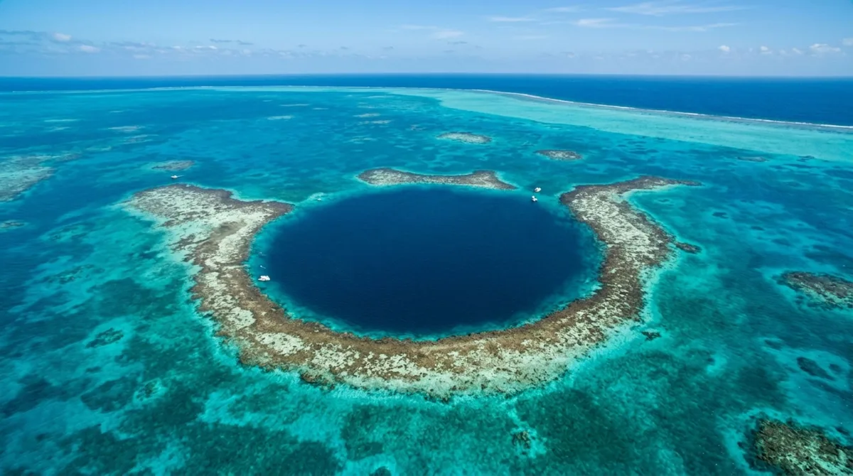 A fenda circular de 300 metros no meio do oceano que esconde uma antiga caverna cheia de estalactites