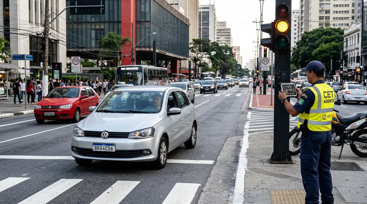 Motorista acelera para ultrapassar o sinal amarelo e é multado por agente de trânsito, o condutor questiona multa alegando que somente o sinal vermelho é considerado infração