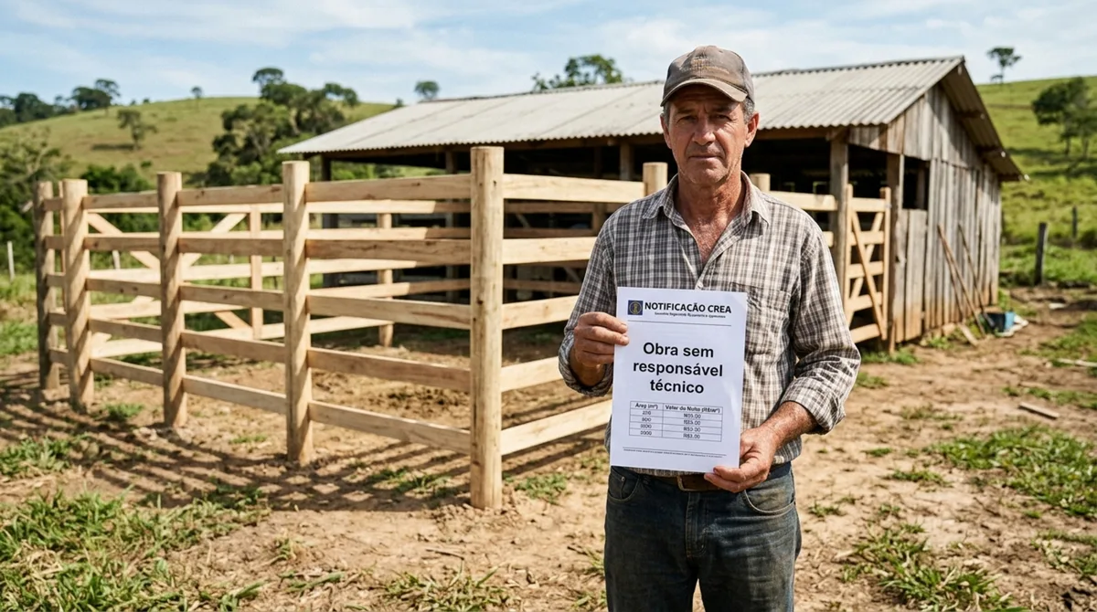 Dono de fazenda constrói curral e galpão sem projeto, recebe notificação do CREA por obra sem responsável técnico e descobre o valor da multa por metro quadrado construído
