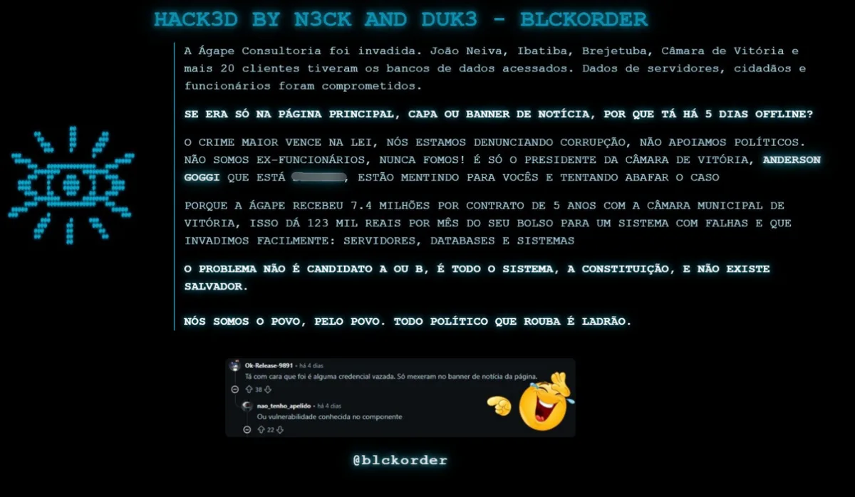 Sites de quatro Câmaras do ES são alvo de ataque hacker