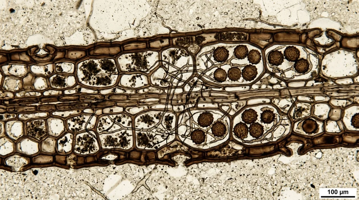 Um fóssil microscópico de 407 milhões de anos preservou uma parceria entre planta e fungo que pode ter ajudado a vida vegetal a conquistar a terra firme