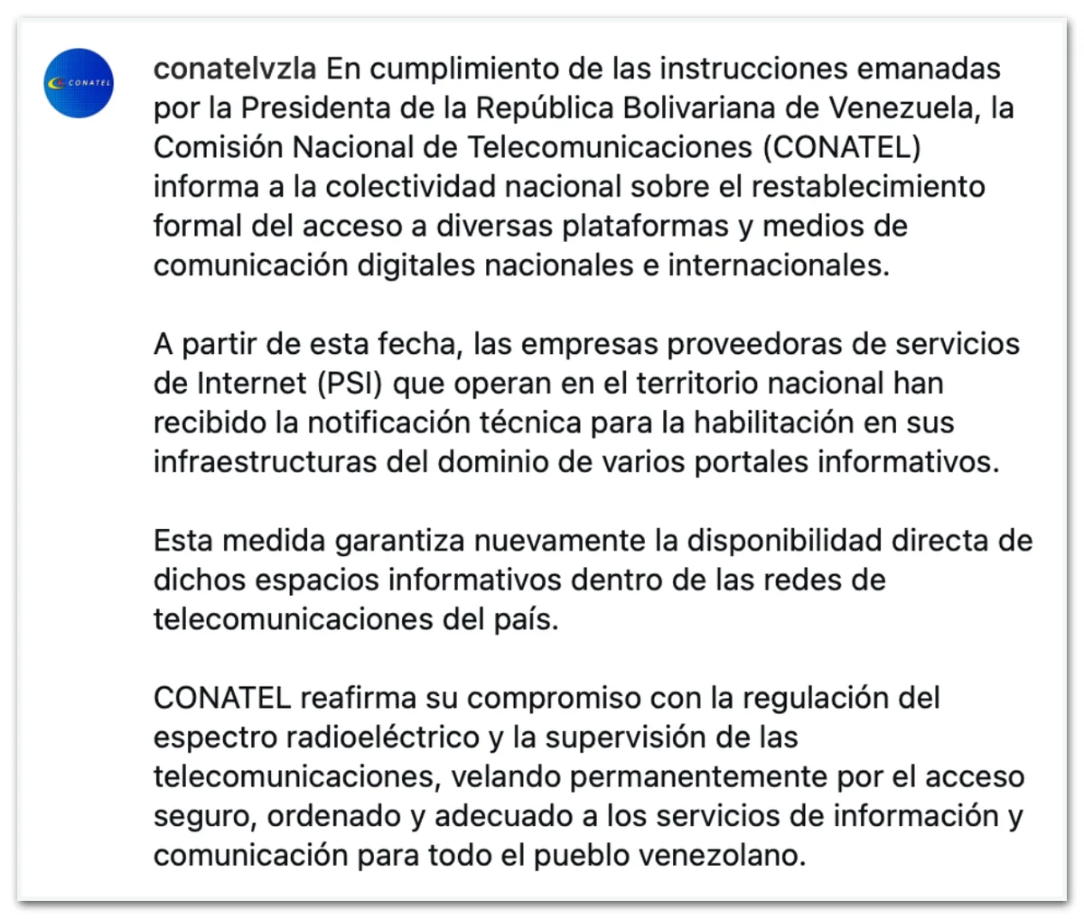 Venezuela desbloqueia sites de notícias após anos