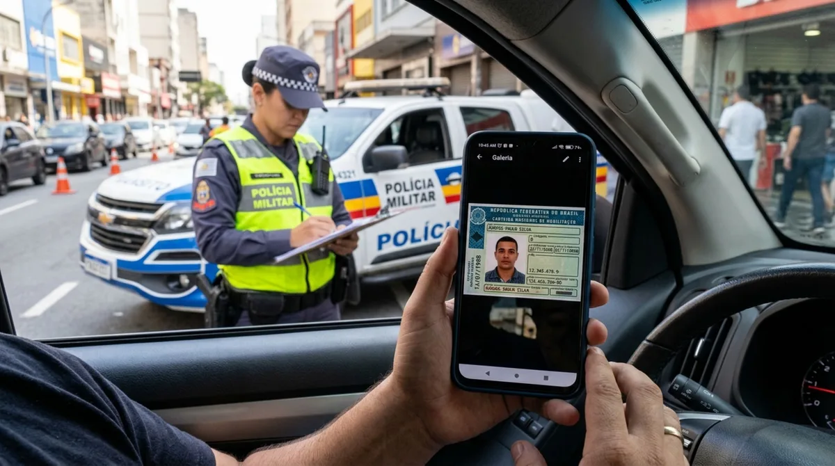 Motorista é parado em blitz, apresenta uma foto da CNH salva no celular e acredita que imagem vale como documento, agente explica por que captura de tela não substitui a versão oficial
