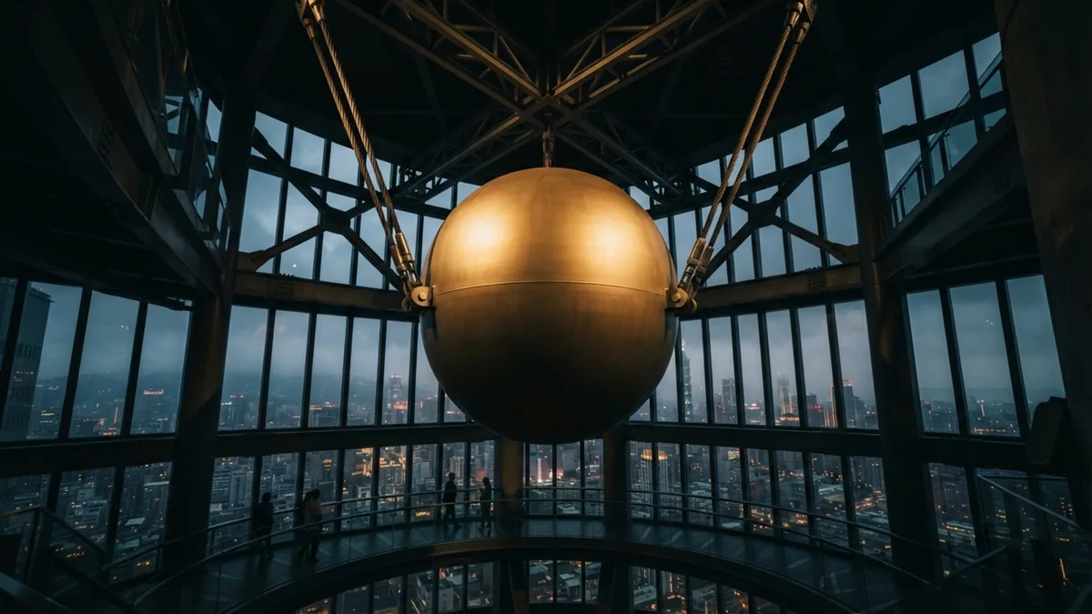 A esfera gigante de aço de 660 toneladas pendurada no topo de um arranha-céu que funciona como um “pêndulo invisível” para evitar que o prédio balance durante furacões
