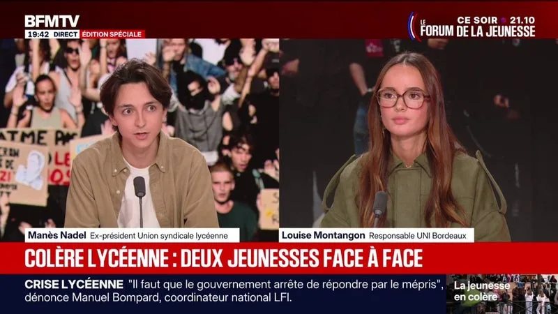 Mobilisation lycéenne et étudiante: échange entre Louise Montangon, responsable UNI Bordeaux et ex-candidate RN aux municipales, et Manès Nadel, ex-président de l'Union syndicale lycéenne