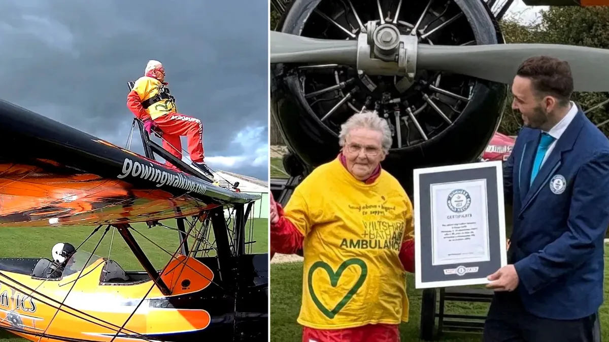99-year-old Helga Duffy breaks wing-walking record, raises £1,300 for air ambulance