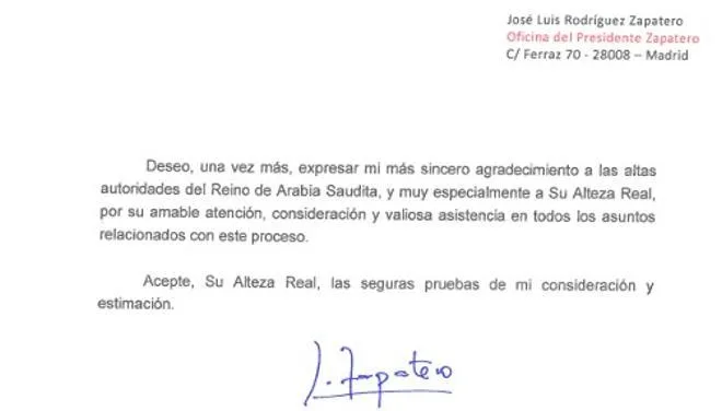 La carta de Zapatero a Arabia Saudí para acreditar las joyas: "Deseo informar a su alteza Real de mi intención de solicitar cooperación jurídica internacional"