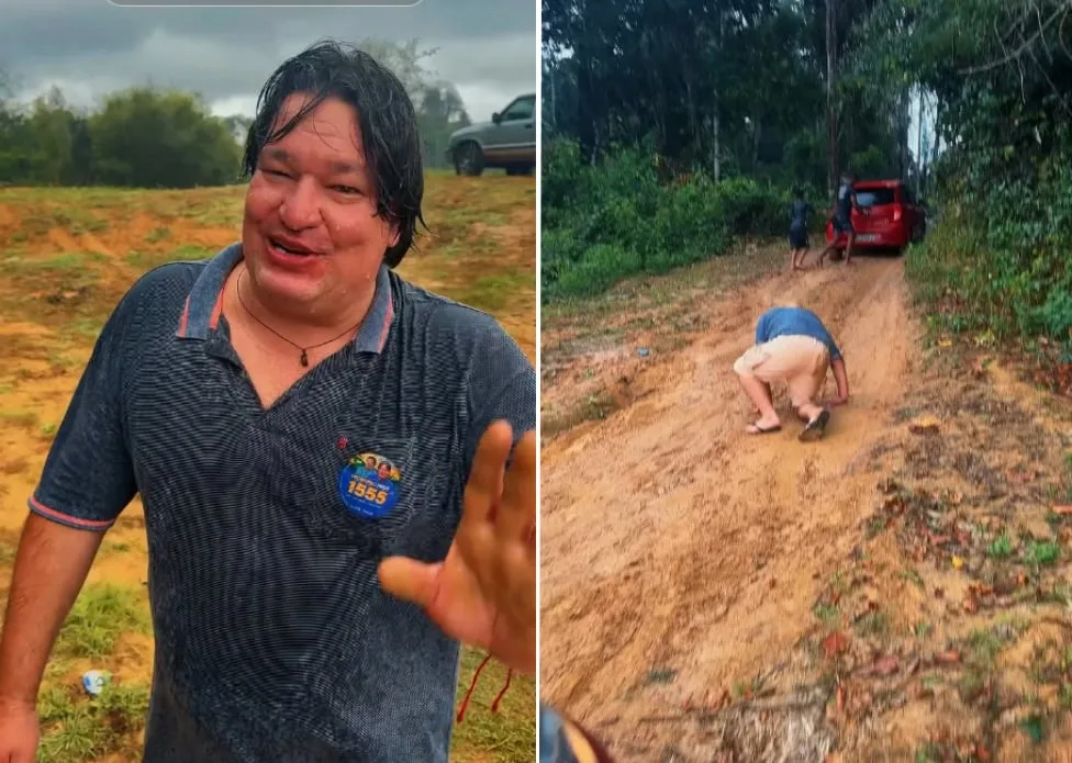 Leonardo Melo escorrega na lama durante agenda de campanha