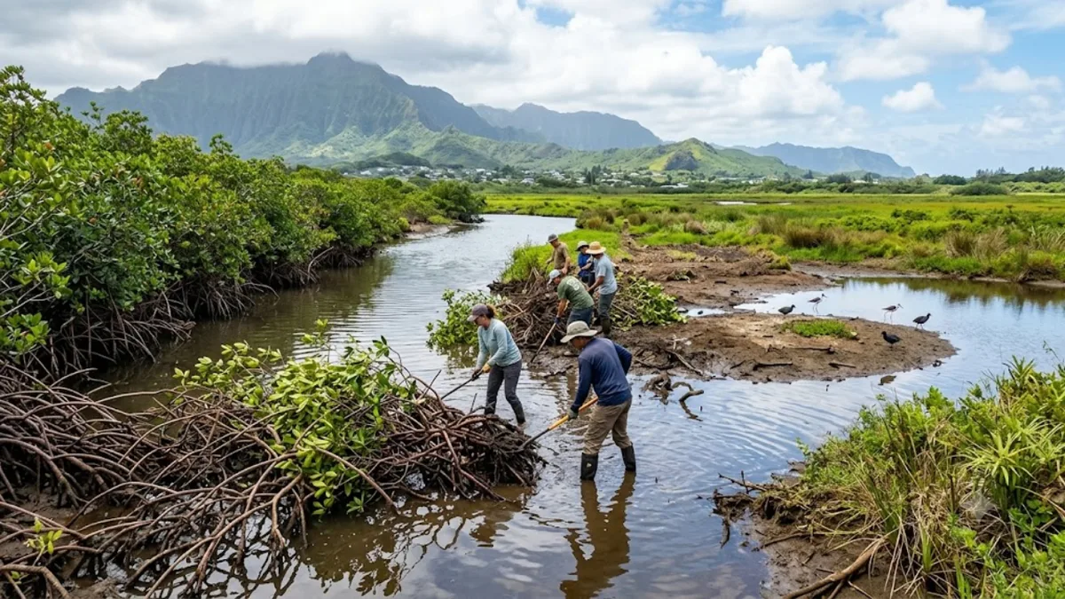 More than 100 years ago, red mangroves were introduced to Hawaii; now crews are trying to...