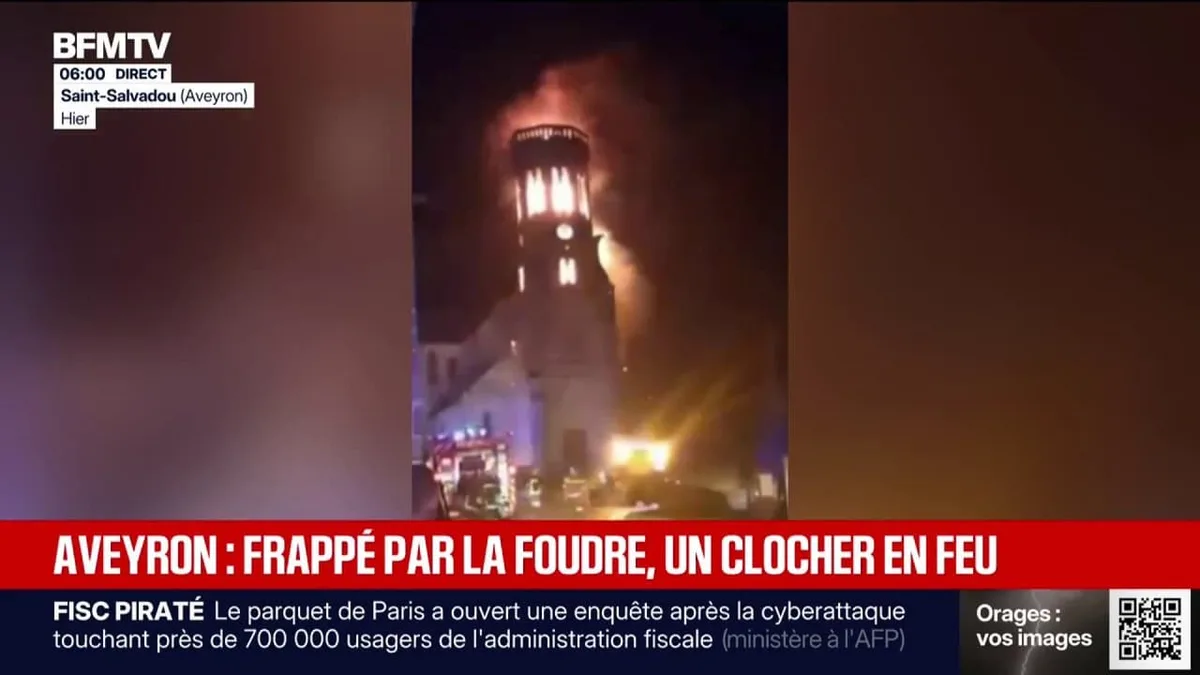 Orages dans le sud-ouest : le clocher d'une église en feu après avoir été frappé par la foudre en Aveyron