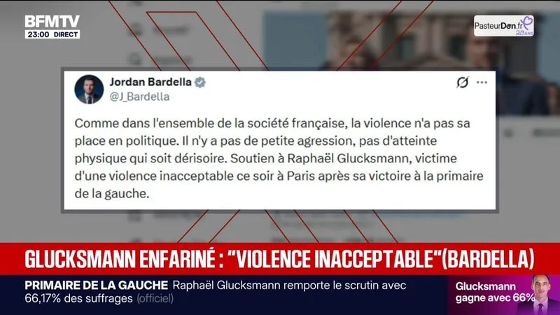 Raphaël Glucksmann enfariné: sur X, le président du RN Jordan Bardella apporte son soutien au gagnant de la primaire sociale-démocrate