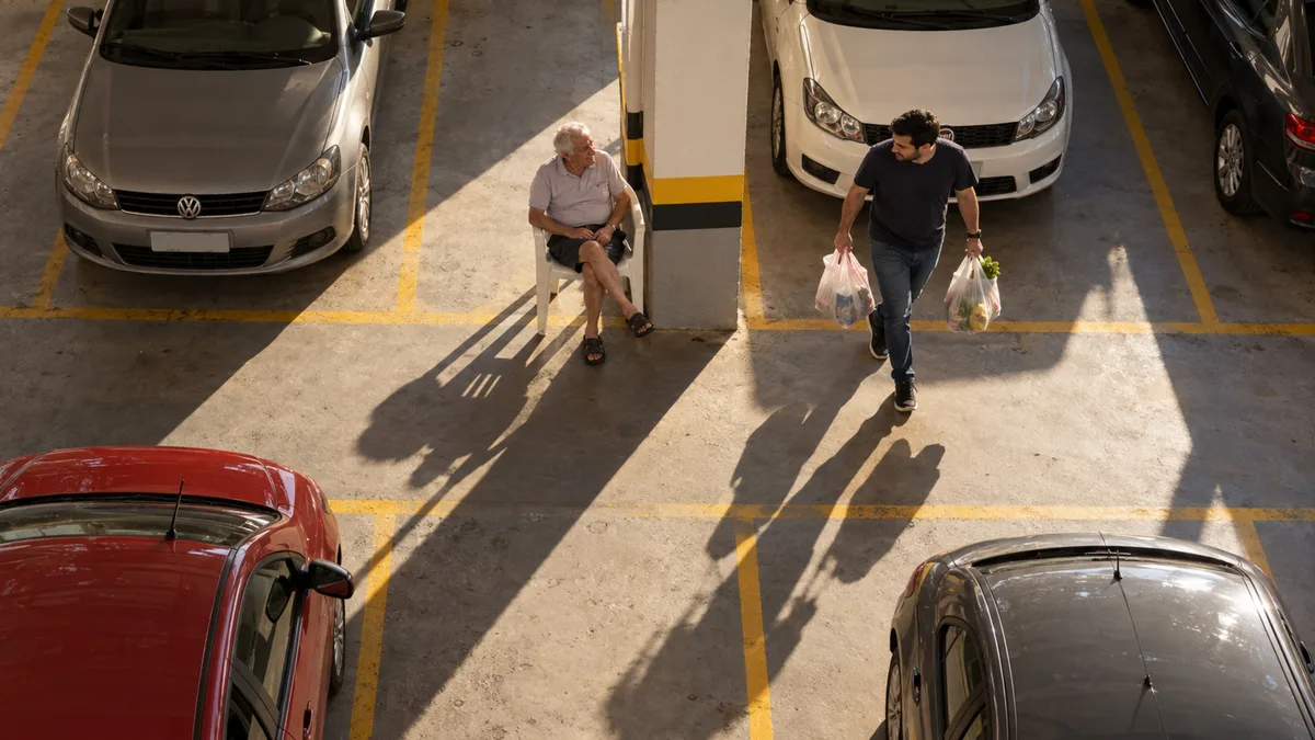 Aposentado coloca uma cadeira na garagem para descansar durante as caminhadas e vizinho começa a reclamar porque ela fica exatamente na passagem compartilhada
