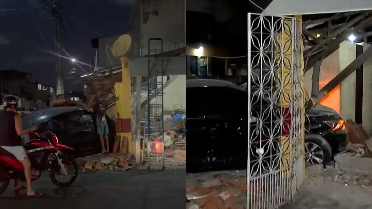 Colisão entre dois carros e moto deixa bar destruído e homem ferido em Fortaleza