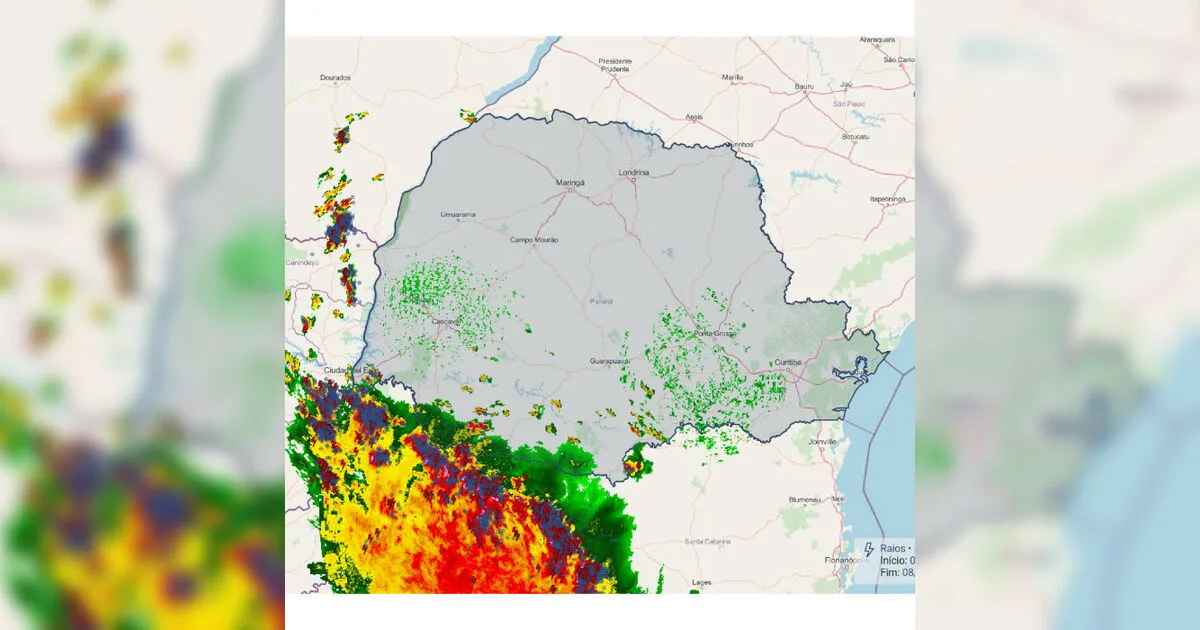Imagens de radar apontam chegada de temporais de forte intensidade ao PR