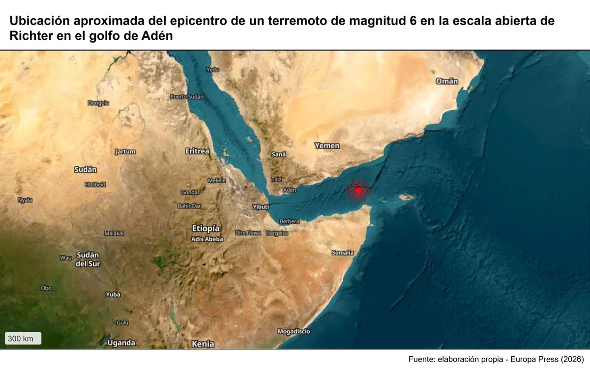 Registrado un terremoto de magnitud 6 en el golfo de Adén, entre Somalia y Yemen