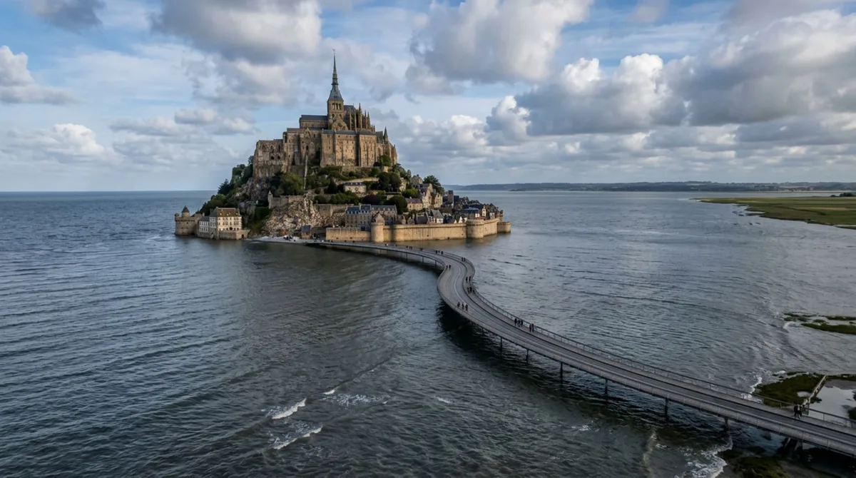 Em uma baía francesa onde a diferença entre maré alta e baixa pode ultrapassar uma dezena de metros, uma passagem construída sobre pilares permite que a água circule livremente para evitar que uma famosa ilha histórica fique permanentemente ligada ao continente