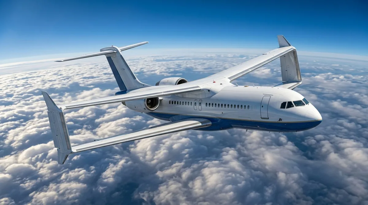 O avião futurista com asas fechadas em formato de anel projetado para gastar menos combustível no céu