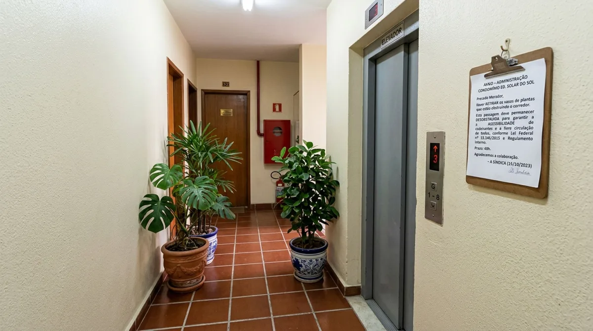 Moradora monta jardim com vasos grandes no corredor e cuida dele por oito anos, achando que a decoração valorizava o andar, mas novo síndico revisa acessibilidade e circulação e pede que tudo seja removido
