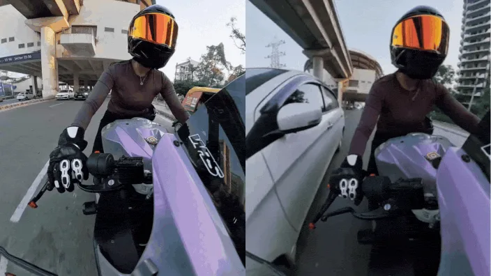 Car follows woman biker, hits her bike and flees; incident caught on camera
