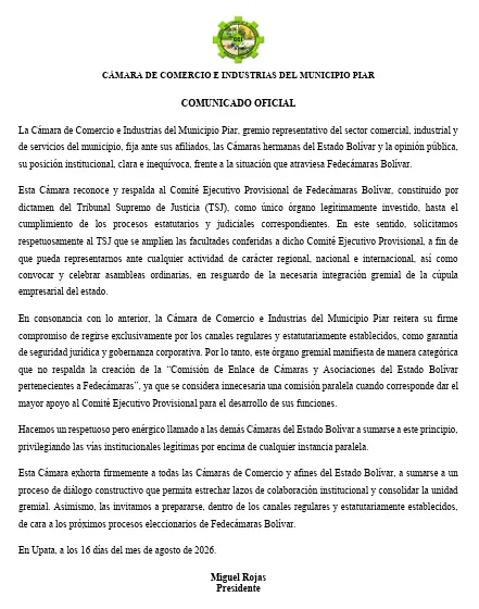 Cámara de Comercio de Piar respalda Comité Provisional de Fedecámaras Bolívar