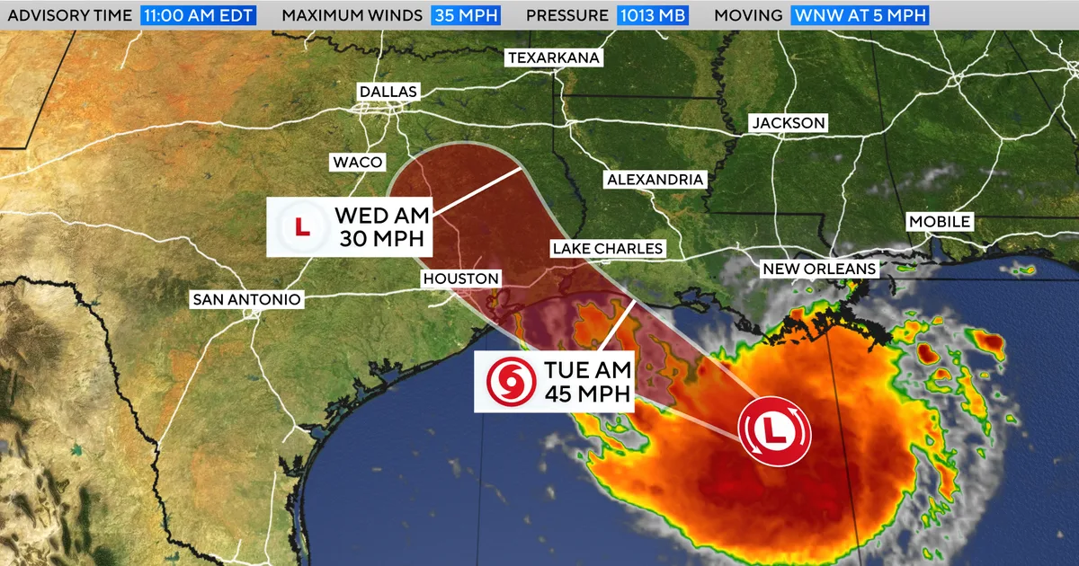 Tropical storm warning issued along Louisiana, Texas coasts