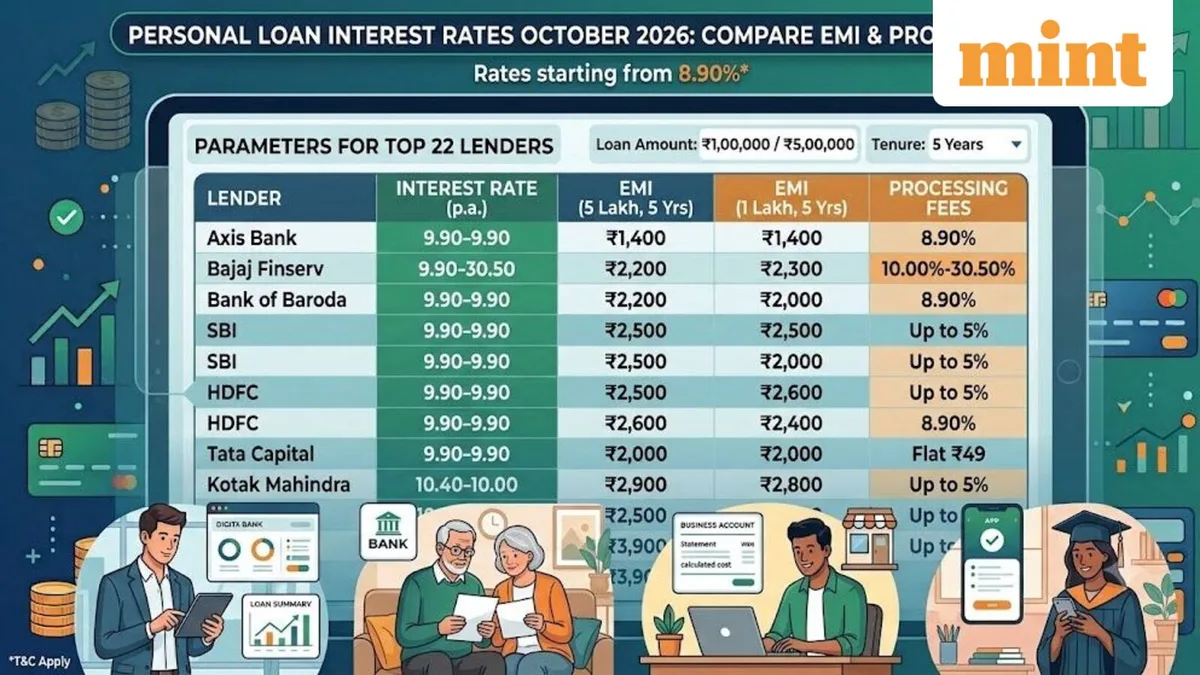 Personal loan rates October 2026: Check EMI and processing fees across 22 lenders