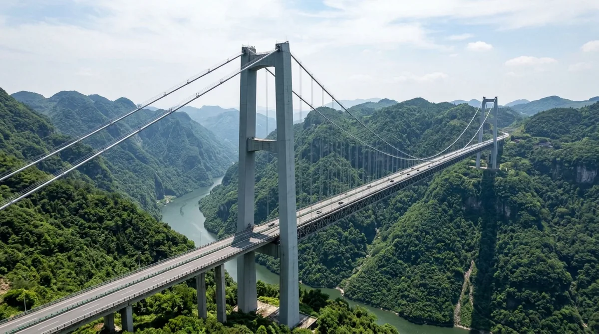 Suspensa quase 500 metros acima do fundo de um cânion, uma ponte chinesa exigiu uma solução tão incomum para iniciar sua montagem que um foguete foi usado para levar o primeiro cabo de uma margem até a outra