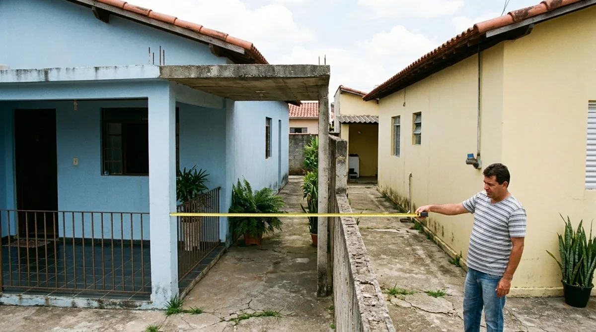 Mulher retorna de viagem e descobre que parte da nova varanda do vizinho ultrapassa a linha entre os terrenos, ela pede retirada da estrutura