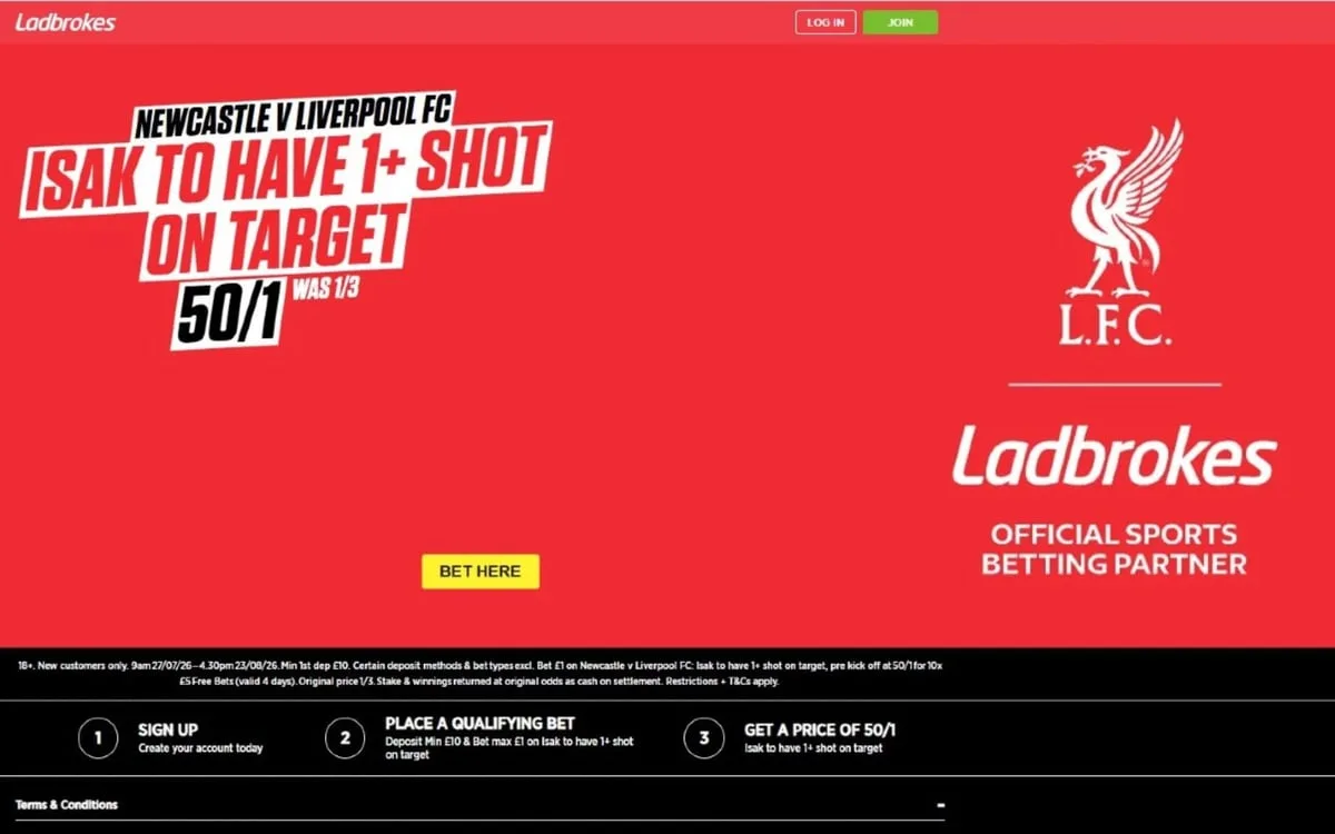 Newcastle vs Liverpool betting offer: 50/1 on Isak to have a shot on target with Ladbrokes