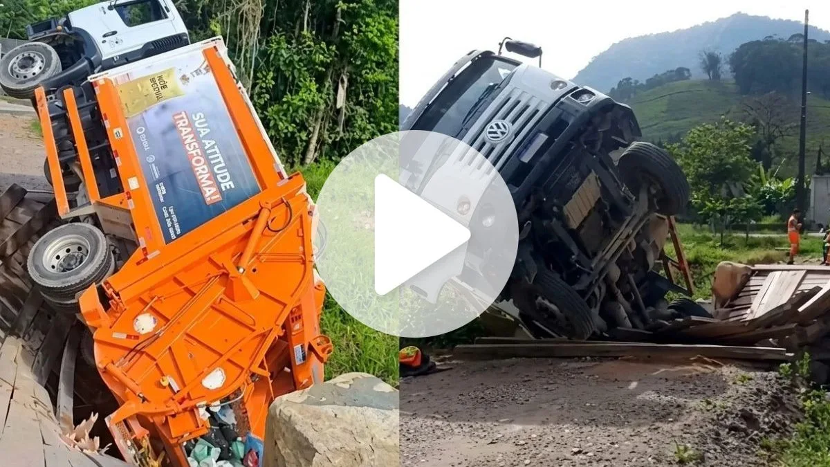 VÍDEO: Caminhão de lixo despenca e fica na vertical após ponte cair em cena impressionante em SC