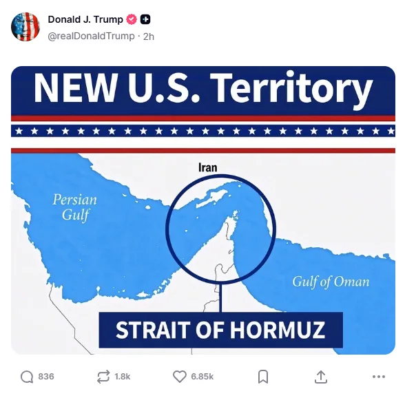 Trump publica imagem do Estreito de Ormuz como ‘novo território dos Estados Unidos’