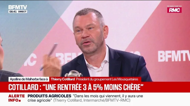 Thierry Cotillard, président du groupement Les Mousquetaires, explique qu'il y a une baisse de "3 à 5%" sur les fournitures scolaires