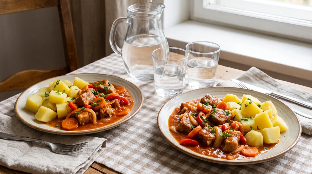 Receta de estofado de cerdo con papas hervidas, rápida y fácil