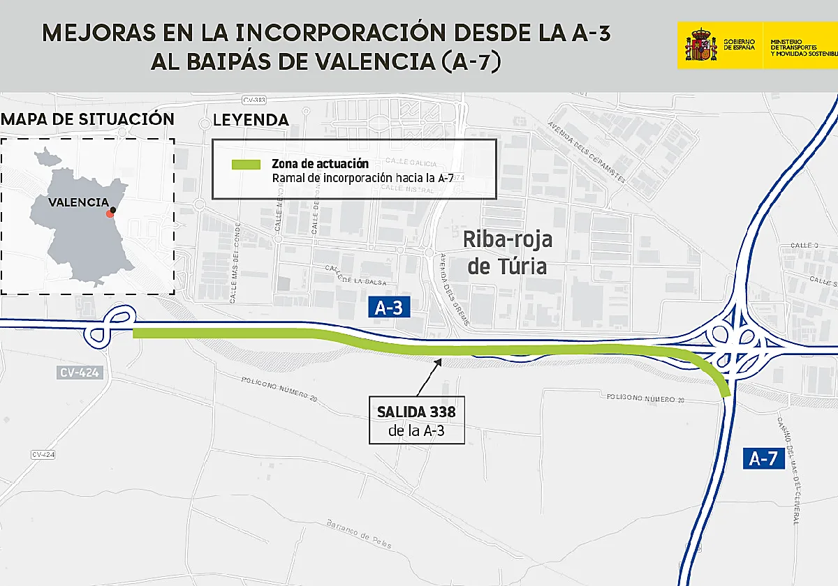 Transportes adjudica por 3,7 millones las obras para ampliar la incorporación desde la A-3 a la A-7 en Valencia