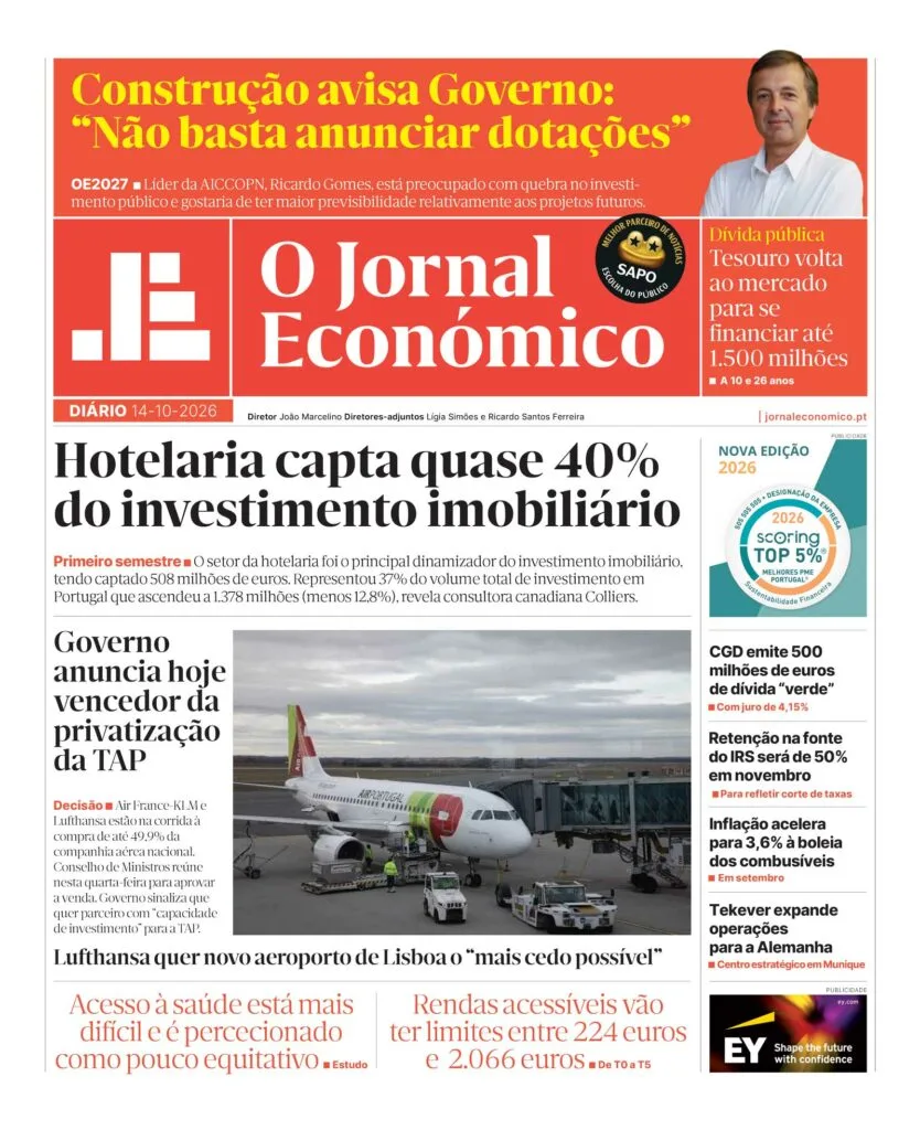 A primeira página do Jornal Económico de 14 de outubro